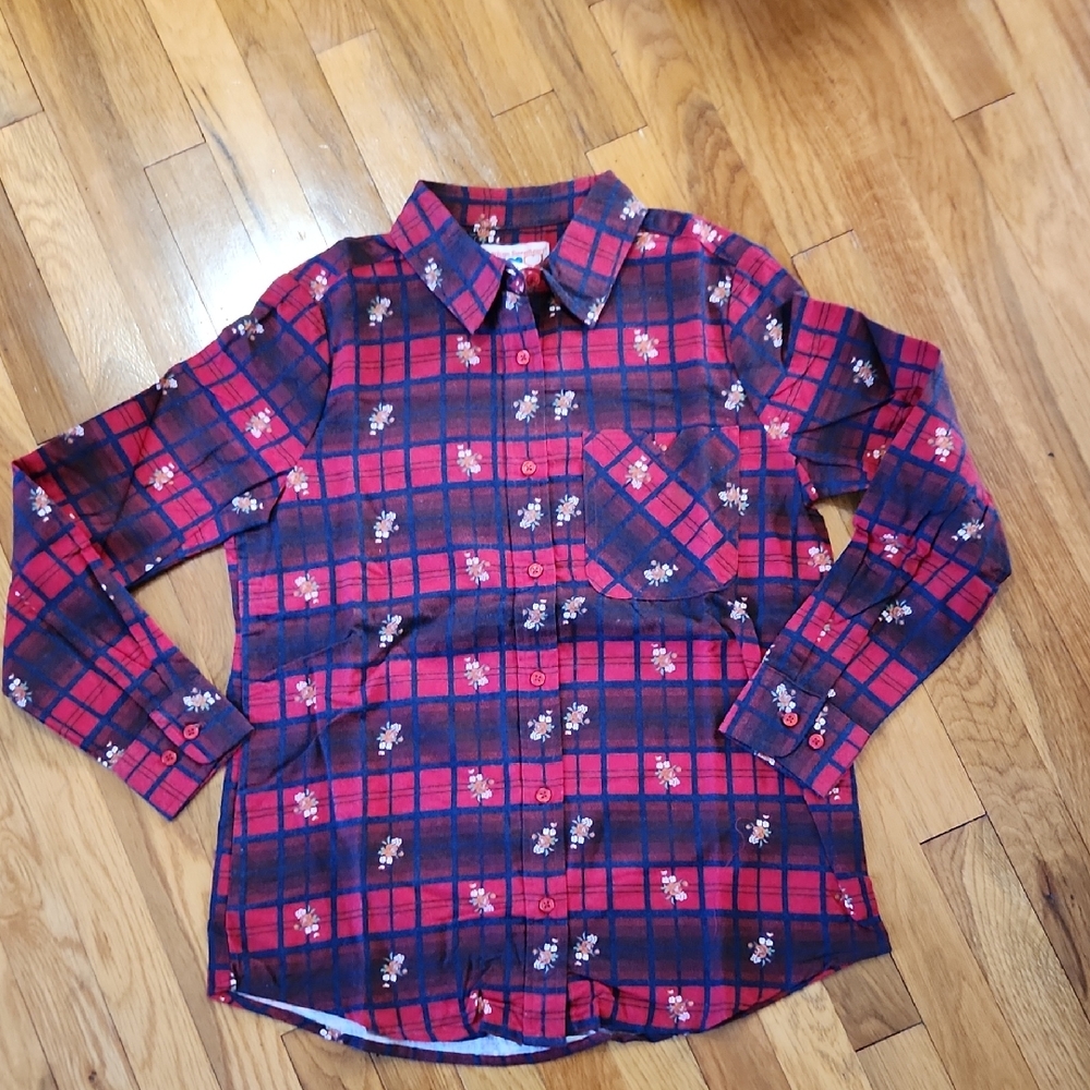 Red and Blue Plaid LS  Floral Print Shirt Blouse Top NWT Size Small
